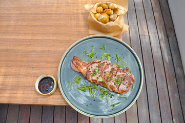 beef grilled steak with potato and vegetables