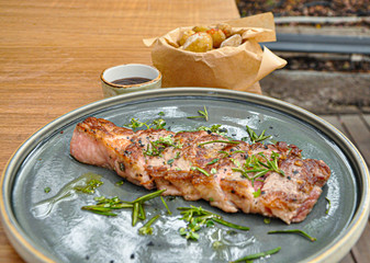 beef grilled steak with potato and vegetables