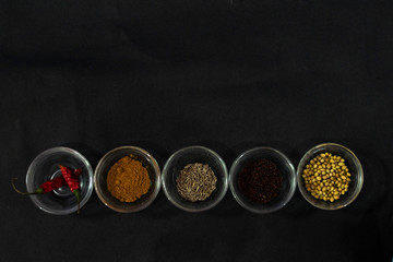 Obraz na płótnie Canvas A collection of Indian spices with isolated black background and space for text