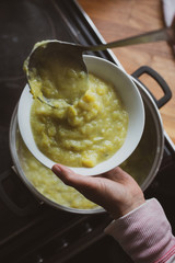 Organic leak and potato soup, made at home during the coronavirus lockdown in Devon, UK