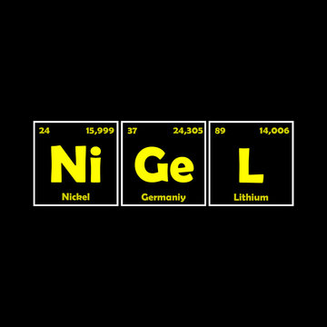 Nigel - logo t-shirt. Chemistry name. Name design in the form of chemical elements. Name print on clothes.