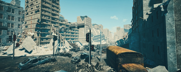 wasteland city and apocalypse aftermath, ruins of city. 