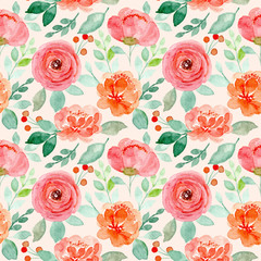 pink orange flower watercolor seamless pattern with green leaves