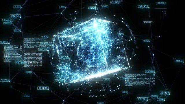 Beautiful Hologram of Digital Global Business Network Rotating in Cyberspace Seamless. Looped 3d Animation of Abstract Grid Spheres and Box with Text. Technology Concept. 4k Ultra HD 3840x2160.