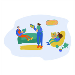 Vector illustration family sitting at home, which reads a newspaper or news on a tablet. They sit at home, mother son and daughter, home furnishings: sofa carpet, flowers in pots. Events related to