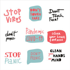 CoronaVirus letters set. Vector flat illustration in doodle style. Clean hands. To stay home. Stop the virus. Do not panic. Social distance. Wash your hands. Stay safe. Labels reflecting global events