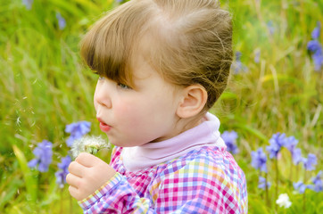 attractive girl blowing on a dandelion to make a wish