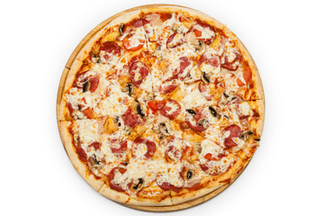 Pizza on a wooden board on a white background