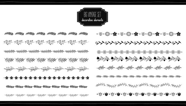 Set vintage botanical decorative borders. Hand drawn vector design elements. Compositions with decorative flowers, herbs, leaves and branches illustrations.