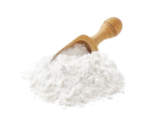 Fototapeta na wymiar Wheat flour and wooden scoop isolated on white.