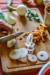 chopping onions and mushrooms - preparing food close up