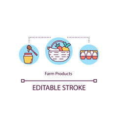 Farm products concept icon. Natural vegetable. Fresh chicken eggs. Honey in jar. Local production idea thin line illustration. Vector isolated outline RGB color drawing. Editable stroke