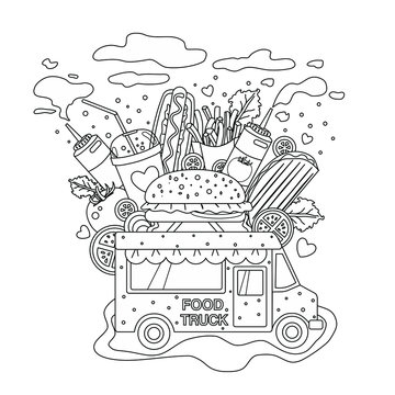 Outlined vector Doodle anti-stress coloring book page fast food truck . For adults and children. Isolated objects.
