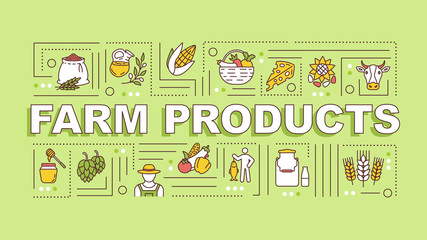 Fototapeta na wymiar Farm production word concepts banner. Local production, organic food. Infographics with linear icons on yellow green background. Isolated typography. Vector outline RGB color illustration