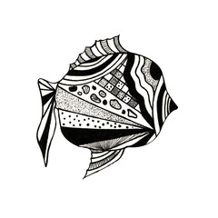 drawn by hand and black pencil one isolated silhouette of a fish mandala with geometric patterns on a white background.