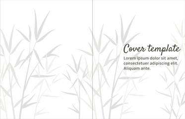 Cover design with ornamental organic floral pattern of gray and biege pastel bamboo leaves and sprouts, branches in Japanese style, with black sample text, white background. Vector eps 10 template