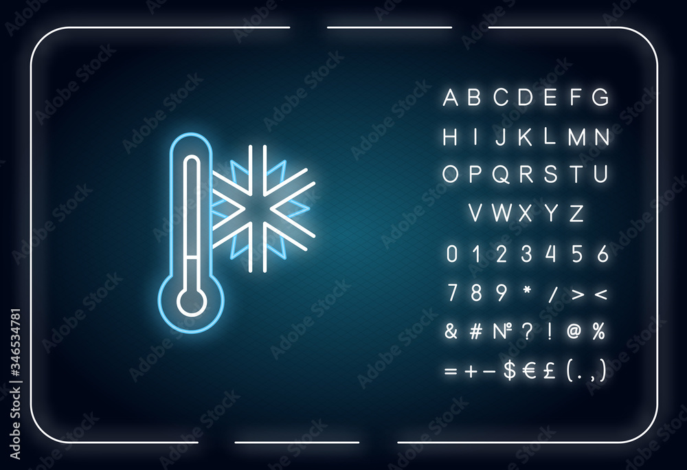 Sticker Frigid temperature neon light icon. Outer glowing effect. Winter frost, weather forecast sign with alphabet, numbers and symbols. Thermometer with snowflake vector isolated RGB color illustration