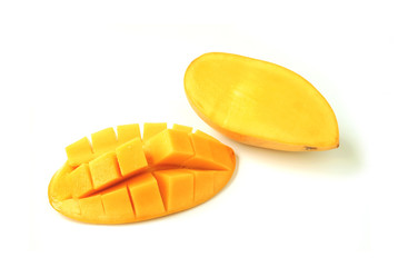 Vibrant Color Fresh Ripe Thai Mango Cut in Half and Crosswise Cut Isolated on White Background