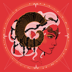 flame red illustration aries girl with beautiful horns, hairstyle, and crown  - 346535161