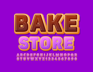 Vector violet logo Bake Store with Glazed Cake Font. Donut Alphabet Letters and Numbers