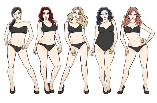 Types of female bodies. Five figures, the physique of girls. Forms: an inverted triangle, a pear, a rectangle, an apple, an hourglass.