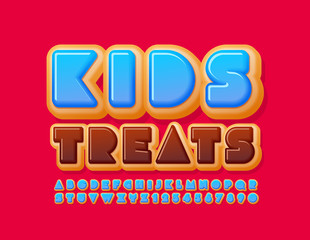 Vector creative emblem Kids Treat with Donut Font. Blue Icing Alphabet Letters and Numbers