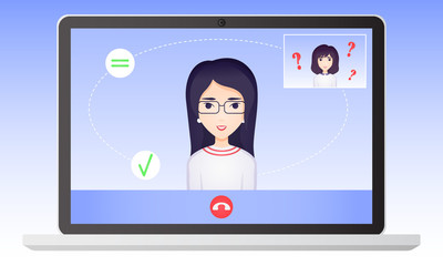 Fototapeta na wymiar Online Mental Therapy. Medical Consultation Via Internet. Asian Patient and Doctor Session. Remote Psychological Support. Video Call Vector Illustration