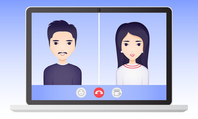 Video Call. Asian Man and Woman Talk Using Internet and Laptop Camera. Concept of Remote Communication, Work, Learning
