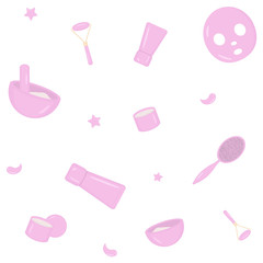 Skin Care Beauty Products, Tools and Containers. Vector Seamless Pattern in Pink Pastel Color. Minimalist Illustration of Cream, Mask, Brush, Roller, Mortar, Patches