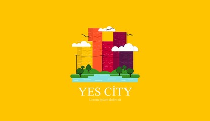 City logo vector.  Skyscraper or apartment buildings, in city downtown with trees, clouds and flying birds, electric poles.