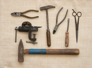 Vintage tools on a rough cloth