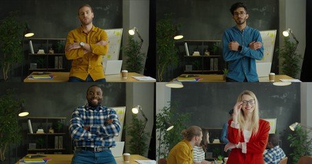 Collage of diverse employees at workplace sitting on table. Different male and female office workers smiling to camera indoors. Portrait of happy multiracial men and women at workplaces. Team meeting