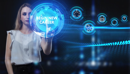 Business, Technology, Internet and network concept. Young businessman working on a virtual screen of the future and sees the inscription: begin new career