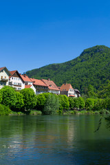 Fototapeta na wymiar Frohnleiten beautiful old town in austria. Mountain landscape and river, travel in Europe.