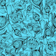 Fototapeta premium Pattern with protea flower. manual graphics. Stylish floral pattern with dried flowers, African protea flower. For wallpaper, textile, home decor, packaging. stock graphics. isolate