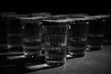 Glass of vodka with bread 3 black and white
