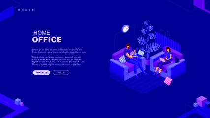 Trendy flat illustration. Home office  page concept. Man and woman are sitting in armchairs working with laptops. Online education. Family leisure. Template for your design works. Vector graphics.