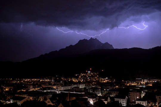 thunderbolt lightning over Mount Pilatus mystic sky city horw canton lucerne