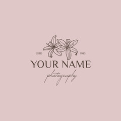 Lily flower logo design template in simple minimal linear style. Vector floral emblem and icon for Wedding Photographers