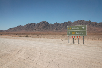 Maltahohe or Solitaire road sign, Namib-Naukluft desert, Namibia, Africa