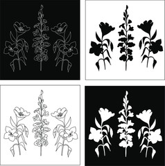Set of cards with the silhouette of wildflowers. Botanical illustration. Variations with a black and white background and outline. For the design of postcards, stickers and other printing. Vector illu