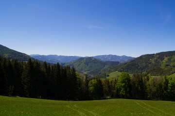Fototapeta na wymiar Beautiful mountain landscape in Austria. Alps mountains summer vacation, travel across Europe.