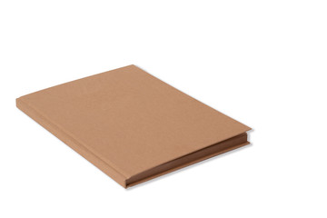 Sketchbook with a hard cardboard cover on white background. Close-up. Mock up stock photo, side view. Selective focus, portret format. Brown Kraft Sketchbook, Journal, Diary, Note Book