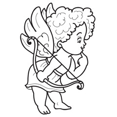 the character of an angel child is drawn in the contour, holds a luket in his hands and looks with interest, sketch, coloring, isolated object on a white background, vector illustration,
