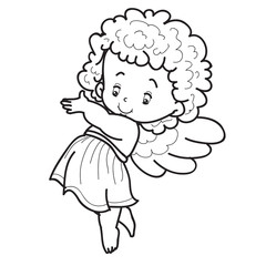 child angel character is drawn in outline, coloring, isolated object on white background, vector illustration,