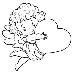 child angel character is drawn in outline holding a heart in his hands, sketch, coloring, isolated object on a white background, vector illustration,
