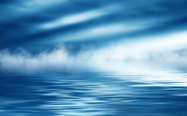 Background of night sea landscape. Night sky, clouds, full moon. Reflection of the moon on the...