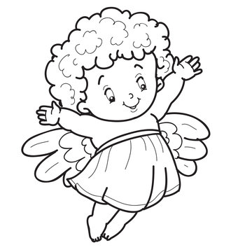 child angel character is drawn in outline, coloring, isolated object on white background, vector illustration,