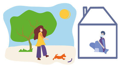 Violation of self-isolation. Stay at home. Quarantine or self-isolation. Concept of health care. Coronavirus and global viral epidemic, pandemic. Trendy flat vector illustrations