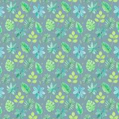 Watercolor seamless pattern with exotic leaves. Bright hand drawn tropical background